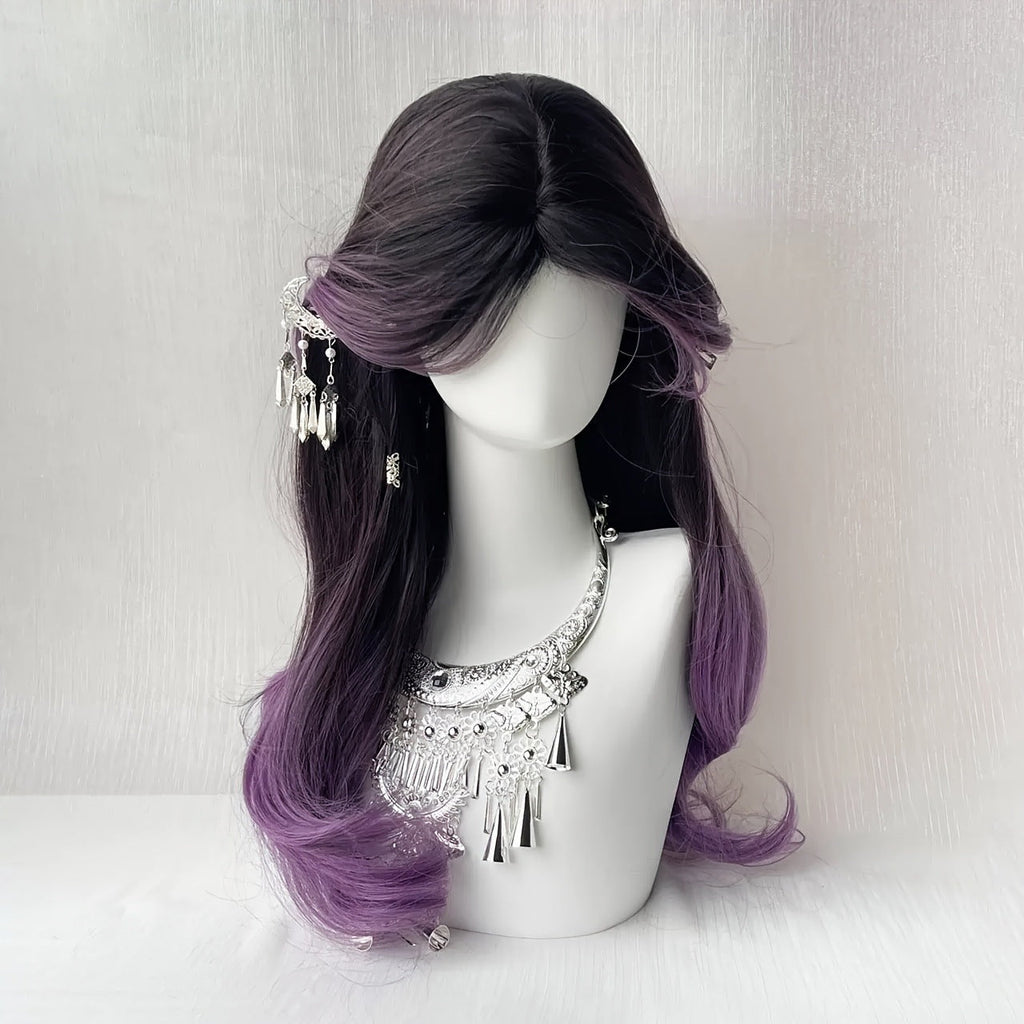 Long curly wig with bangs and highlights parted in the middle