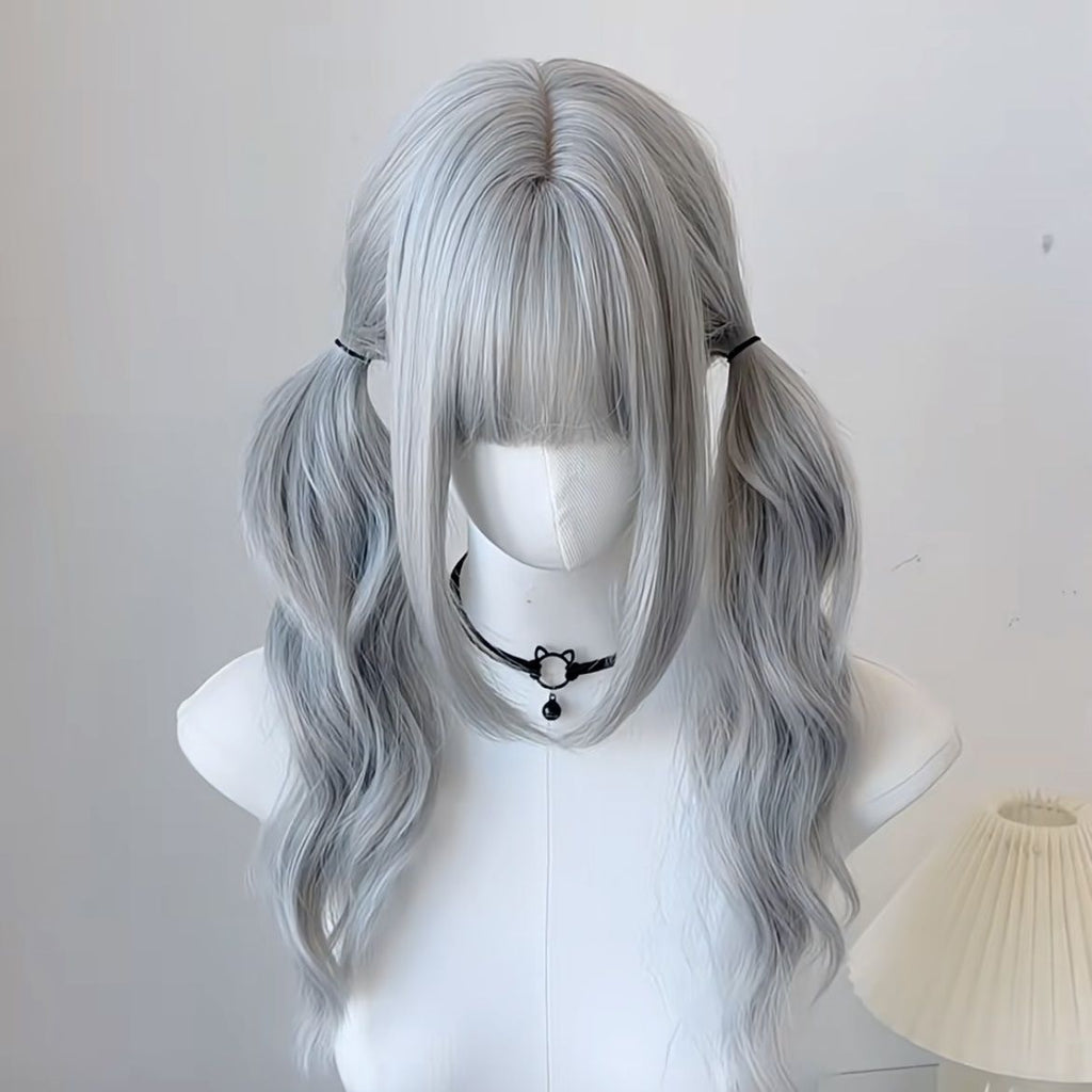 Double ponytail everyday long curly hair Japanese Lolita gray wig