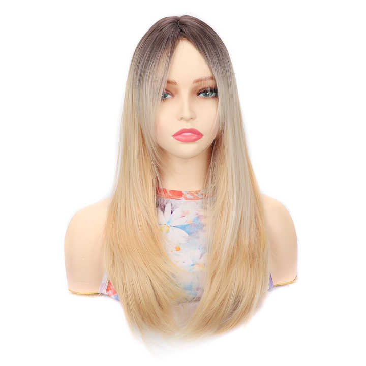 European and American women's long blonde synthetic fibre wigs with natural inward-curling straight hair
