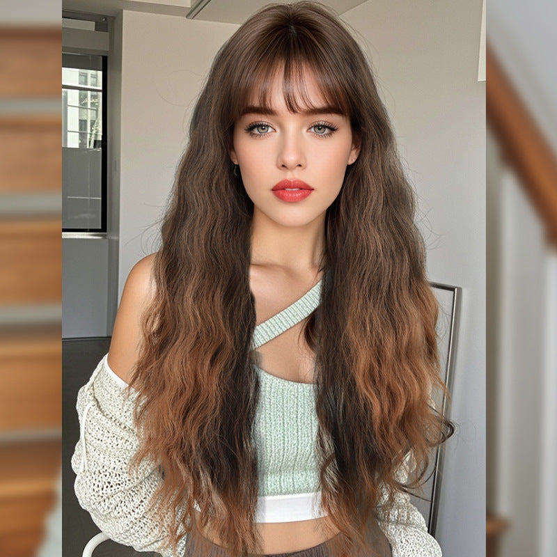 Flax Brown Straight Air Bangs Long Curly Full-Head Wig