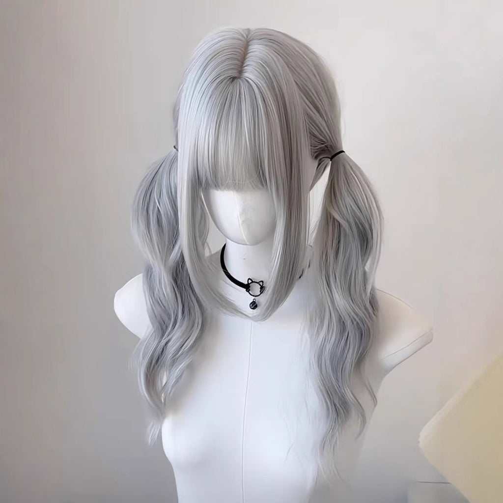 Double ponytail everyday long curly hair Japanese Lolita gray wig
