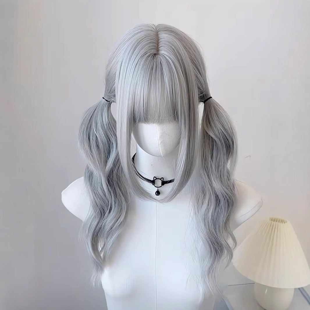 Double ponytail everyday long curly hair Japanese Lolita gray wig