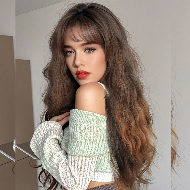 Flax Brown Straight Air Bangs Long Curly Full-Head Wig
