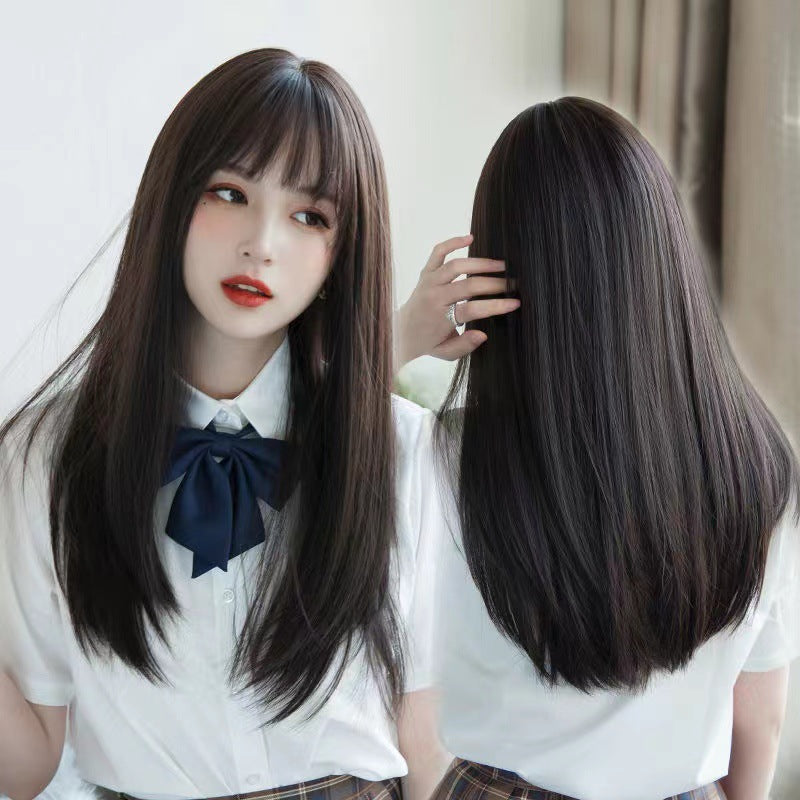 Real Hair Series - Medium-length Hair with Airy Bangs, Long Straight Hair, Korean-style Wig