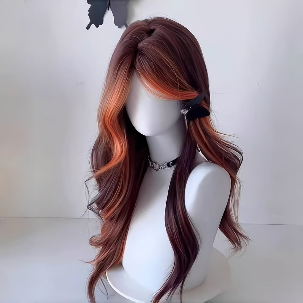 Long curly wig with bangs and highlights parted in the middle