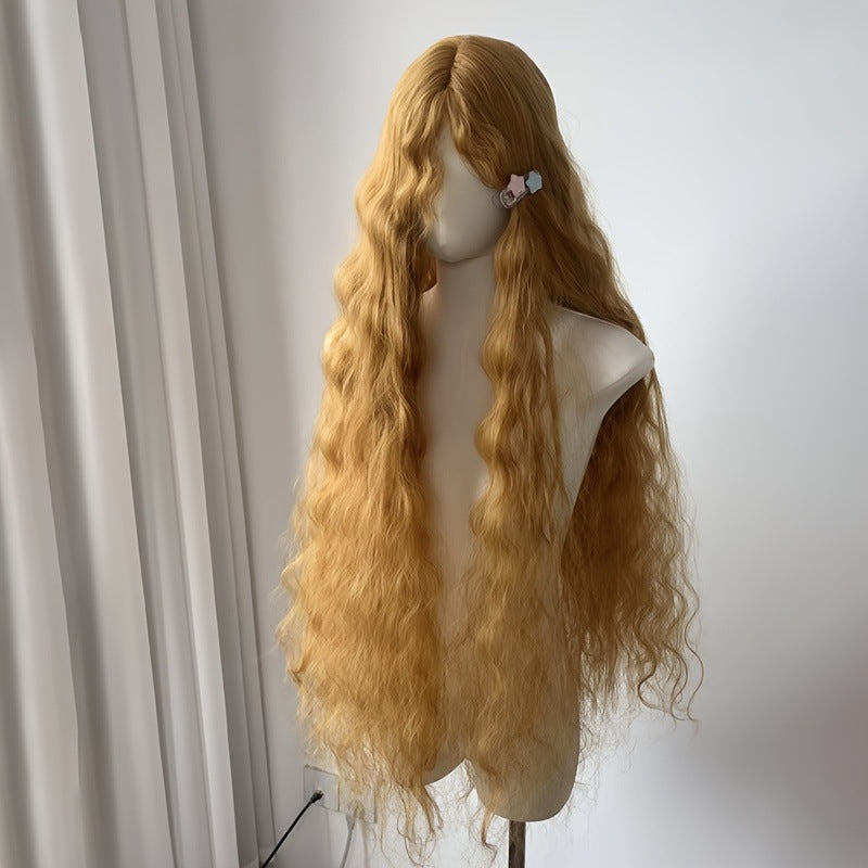 Golden yellow 1-meter-long fluffy wool curl full head wig